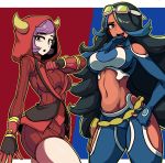  2girls :d :o absurdres bangs black_gloves black_hair blue_eyes blue_hair blue_pants blue_shirt blush breasts clenched_hand clothing_cutout commentary courtney_(pokemon) cowboy_shot crop_top dark_skin eyebrows_visible_through_hair fake_horns gloves goggles goggles_on_head groin hair_between_eyes hair_over_one_eye hand_on_hip highres hood hood_up horned_headwear horns large_breasts long_hair long_sleeves looking_at_viewer makeup masgamjya midriff multicolored_hair multiple_girls navel open_mouth outline pants pokemon pokemon_(game) pokemon_oras purple_eyes purple_hair red_background red_sweater ribbed_sweater shelly_(pokemon) shirt short_hair shoulder_cutout sidelocks simple_background smile standing sweater swept_bangs team_aqua team_aqua_uniform team_magma team_magma_uniform two-tone_background two-tone_hair uniform upper_teeth very_long_hair 