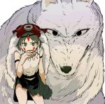  1girl animal arm_strap black_skirt blood blood_on_face circlet commentary ddari earrings english_commentary green_eyes green_hair hand_up highres jewelry looking_at_viewer mononoke_hime moro_(mononoke_hime) oversized_animal pelt san short_hair simple_background skirt solo standing white_background wolf 