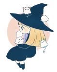  1girl ayu_(mog) black_dress black_headwear black_legwear blonde_hair blue_eyes dress from_side ghost hat invisible_chair kiss long_hair original signature sitting smile socks solo wavy_mouth witch witch_hat 