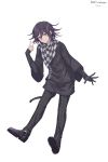  1boy alternate_costume bangs black_footwear black_hair black_legwear black_pants black_skirt checkered checkered_scarf closed_mouth commentary_request danganronpa ewa_(seraphhuiyu) full_body gloves hair_between_eyes hand_up highres layered_sleeves long_sleeves looking_at_viewer male_focus new_danganronpa_v3 ouma_kokichi pants plaid plaid_pants purple_eyes purple_hair scarf shirt short_hair simple_background single_glove skirt sleeves_past_wrists smile solo white_background 