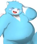  2020 anthro belly black_nose blue_body blue_fur blush eyes_closed fur hi_res kemono mammal moosh navel nintendo oracle_of_ages oracle_of_seasons overweight overweight_anthro simple_background solo the_legend_of_zelda trail_arnak ursid video_games white_background white_body white_fur 