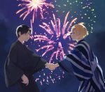  2boys black_hair black_kimono blonde_hair blue_eyes blue_kimono commentary_request eugeo eye_contact fireworks from_side highres holding_hands japanese_clothes kimono kirito long_sleeves looking_at_another male_focus multicolored multicolored_clothes multicolored_kimono multiple_boys night night_sky noro_(ro_no) open_mouth sky smile standing star_(sky) starry_sky striped striped_kimono sword_art_online white_kimono wide_sleeves yaoi 