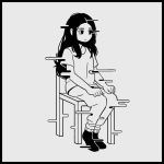  1girl black_border black_eyes black_footwear black_hair border calponpon chair full_body glitch greyscale long_hair monochrome no_nose original pants shirt short_sleeves simple_background sitting solo 