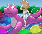  absurd_res animate_inanimate balloon balls beowulf100 dinosaur genitals hi_res inflatable living_inflatable looking_aside looking_back penis plant pool_(disambiguation) pool_toy reptile scalie shrub water zoran 