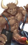  anthro big_muscles big_penis blue_eyes bovid bovine brown_body brown_fur brown_nipples cattle cellphone clothing erection fur genital_piercing genitals grin high-angle_view horn huge_penis humanoid_genitalia humanoid_hands humanoid_penis jewelry kathu_thal looking_at_viewer male mammal muscular muscular_anthro muscular_male necklace nipples overalls penis penis_piercing phone piercing prince_albert_piercing selfie simple_background smile solo unknown_artist vein veiny_penis white_background white_horn 