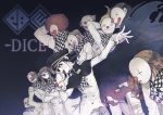  3girls 6+boys absurdres afro arm_behind_head arms_behind_head black_cape blonde_hair braid cape checkered checkered_neckwear checkered_scarf clown_mask danganronpa eyeegg hand_on_hip highres holding holding_mask logo long_sleeves mask multiple_boys multiple_girls new_danganronpa_v3 open_mouth ouma_kokichi scarf straitjacket twin_braids twintails 