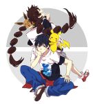  1boy 1girl akinoko_(pixiv304871) backpack bag baggy_pants bangs black_hair brown_hair closed_eyes closed_mouth commentary_request eevee gen_1_pokemon gotcha! gotcha!_boy_(pokemon) gotcha!_girl_(pokemon) grey_skirt hair_tie long_hair open_mouth pants pikachu pleated_skirt pokemon pokemon_(creature) sandals shirt shoes short_sleeves skirt sweatdrop tied_hair twintails 