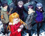  2girls 3boys absurdres ayanami_rei coat coffee gloves highres ikari_shinji multiple_boys multiple_girls nagisa_kaworu neon_genesis_evangelion official_art sadamoto_yoshiyuki scarf snow souryuu_asuka_langley suzuhara_touji winter_clothes 