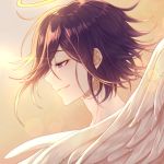  1boy angel angel_wings bangs commentary_request danganronpa ewa_(seraphhuiyu) face feathered_wings feathers from_side gradient gradient_background grin half-closed_eye halo highres male_focus messy_hair new_danganronpa_v3 orange_background ouma_kokichi profile purple_eyes purple_hair smile solo teeth white_feathers wings 