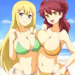  blonde_hair blue_eyes blush breasts cleavage closed_mouth earrings gundam gundam_00 hair_ornament hairclip jewelry large_breasts long_hair looking_at_viewer louise_halevy multiple_girls navel nena_trinity open_mouth red_hair runaru smile swimsuit yellow_eyes 