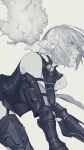  1girl armor bakushi_(kaeritai0609) bare_shoulders breastplate creature creature_on_shoulder eyebrows_visible_through_hair eyes_visible_through_hair fate/grand_order fate_(series) fou_(fate/grand_order) grey_background greyscale highres mash_kyrielight monochrome on_shoulder parted_lips purple_eyes short_hair simple_background spot_color vambraces 