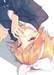  1girl blonde_hair blue_eyes bow commentary hair_bow hair_ornament hair_ribbon hairclip hand_to_own_mouth highres ichi_(iti562) kagamine_rin looking_at_viewer open_mouth reverse_trap ribbon sailor_collar school_uniform short_hair simple_background solo upturned_eyes vocaloid 