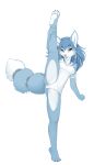 4_toes 5_fingers absurd_res anthro blue_body blue_fur blue_hair blue_nose breasts canid canine clothed clothing eyebrows eyelashes female fingers fox foxmode fur hair hi_res krystal mammal nintendo open_mouth simple_background smile solo star_fox toes tongue video_games white_background 