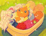  artist_name basket blue_eyes closed_mouth commentary day from_above gen_3_pokemon grass lying no_humans on_back outdoors pegushi petals pokemon pokemon_(creature) solo torchic watermark yarn yarn_ball 