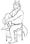  anthro asian_clothing barefoot beard black_and_white canid canine canis clothed clothing east_asian_clothing facial_hair fundoshi furniture japanese_clothing male mammal monochrome mustache simple_background sitting stool thegreatmatsutzu topless underwear white_background wolf 