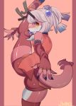  2020 5_fingers anthro butt clothing dragon female fingers hair hi_res kemono legwear looking_at_viewer looking_back looking_back_at_viewer mofumofumachine open_mouth pink_body rear_view simple_background smile solo stockings 