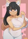  2020 anthro big_breasts black_hair black_nose blush bodily_fluids breasts canid countershading covering covering_breasts female hair hi_res kemono looking_at_viewer mammal mofumofumachine navel slightly_chubby smile solo sweat tan_body white_countershading 