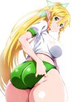  1girl absurdres airando ass blonde_hair braid breasts buruma closed_mouth eyebrows_visible_through_hair from_behind green_buruma green_eyes gym_uniform highres large_breasts leafa long_hair looking_at_viewer looking_back pointy_ears ponytail short_sleeves smile solo sword_art_online thighs twin_braids 
