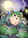  2020 3:4 anthro blush brown_body brown_fur canid canine canis domestic_dog eyes_closed fur green_body green_fur group halloween holidays horkeukamui kemono live-a-hero male mammal mokdai moon night noichi_53 one_eye_closed outside overweight overweight_male raccoon_dog shoen tanuki tokyo_afterschool_summoners video_games wink wolf 
