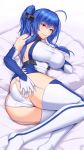  1girl ahoge argyle_cutout ass azur_lane bangs bare_shoulders blue_dress blue_hair blush breasts buttons closed_mouth clothing_cutout collar dress elbow_gloves eyebrows_visible_through_hair finger_to_mouth garter_straps gloves hair_between_eyes hair_ornament highres index_finger_raised large_breasts legs long_hair looking_at_viewer lying metal_collar on_side panties purple_eyes short_dress shuugetsu_karasu side_ponytail sidelocks silver_dress smile st._louis_(azur_lane) thighhighs thighs underwear white_dress white_gloves white_legwear white_panties 