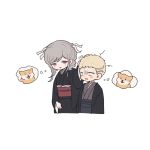  1boy 1girl :d bangs black_kimono blonde_hair blush blush_stickers braid cropped_torso danganronpa_(series) danganronpa_2:_goodbye_despair dog freckles gamhwa grey_kimono hair_ribbon headpat highres japanese_clothes kimono kuzuryuu_fuyuhiko long_sleeves looking_at_another medium_hair obi open_mouth pekoyama_peko red_eyes ribbon sash short_hair smile thought_bubble twin_braids white_ribbon wide_sleeves 