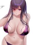  1girl anni bare_arms bare_shoulders bikini black_hair breasts breasts_apart collarbone cowboy_shot destiny_child eyes_visible_through_hair hair_over_one_eye hand_up highres large_breasts long_hair looking_at_viewer navel parted_lips purple_bikini purple_eyes simple_background skindentation solo stomach string_bikini swimsuit tokkihouse white_background 