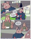  2020 4:5 anthro basil_(mikrogoat) brown_body brown_fur comic domestic_pig duo english_text food fur hi_res lagomorph leporid male mammal mikrogoat overweight overweight_male rabbit sitting suid suina sus_(pig) text url 