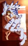  anthro balls brown_hair butt cuddling digimon digimon_(species) duo ear_piercing ear_ring eyewear genitals glasses hair hug human male male/male mammal nude piercing smile thegreatmatsutzu weregarurumon wood_floor 