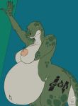  2020 anthro arm_under_breasts bedroom_eyes belly big_belly big_breasts body_writing breasts burgess_shale_(lucidum) dinosaur dromaeosaurid duo female green_body green_scales hand_on_wall hand_under_breasts hyper hyper_belly narrowed_eyes navel nipples pregnant reptile scales scalie seductive simple_background simple_shading slightly_chubby solo spots spotted_body tattoo theropod thick_thighs underbelly velociraptor white_body white_scales whiterabbit95 wide_hips yellow_eyes 