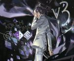  1boy bangs black_headwear character_name checkered checkered_neckwear checkered_scarf copyright_name danganronpa hat holding holding_mask iko_831 long_sleeves male_focus mask new_danganronpa_v3 ouma_kokichi profile purple_eyes purple_hair scarf solo straitjacket twitter_username 