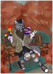  anthro border bottomwear canid canine canis clenched_teeth clothed clothing coat colored_nails converse crossdressing ear_piercing ear_ring eyeshadow fanciestfeline flag footwear fur glitter grey_body grey_fur hi_res jacket legwear lgbt_pride makeup male mammal multicolored_clothing nails one_eye_closed pattern_clothing pawsie piercing pride_colors rainbow rainbow_clothing scarf shemagh shoes skirt sneakers solo sparkles striped_clothing stripes teeth thigh_highs topwear white_border wink wolf 