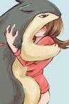  2020 absurd_res ambiguous_gender blush bottomless brown_eyes brown_hair butt clothed clothing digital_media_(artwork) duo embrace embracing eyebrows female feral fur hair hi_res hug human kanade lyra_(pok&eacute;mon) mammal nintendo partially_clothed pigtails pok&eacute;mon pok&eacute;mon_(species) red_clothing red_shirt red_topwear shirt simple_background smile topwear typhlosion video_games 