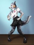  2020 after_transformation angry anthro black_nose bottomwear canid clenched_teeth clothing digitigrade female fur grey_body grey_fur mammal pinklepickle simple_background skirt solo standing teeth torn_clothing transformation wood_floor 