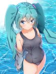  1girl ahoge alternate_costume aqua_hair bangs bare_shoulders black_swimsuit blue_eyes blush breasts closed_mouth collarbone commentary_request competition_school_swimsuit eyebrows_visible_through_hair from_above grey_jacket harukawa_(hal501) hatsune_miku highres jacket long_hair long_sleeves looking_at_viewer looking_up off_shoulder open_clothes open_jacket small_breasts solo swimsuit thighs twintails very_long_hair vocaloid water 