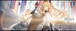  2girls ;) animal_ear_fluff animal_ears arknights armor aunt_and_niece blemishine_(arknights) blonde_hair blue_eyes breastplate commentary copyright_name fur_trim gloves hand_up hat highres index_finger_raised letterboxed long_hair looking_at_viewer multiple_girls official_art one_eye_closed ryuuzaki_ichi smile upper_body whislash_(arknights) yellow_eyes 