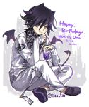  1boy bangs black_footwear character_name checkered checkered_neckwear crossed_legs cup danganronpa dated hair_between_eyes happy_birthday holding holding_cup iko_831 long_sleeves male_focus new_danganronpa_v3 ouma_kokichi purple_eyes purple_hair simple_background sitting solo straitjacket tail twitter_username two-tone_background wings 