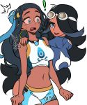  ! /\/\/\ 2girls :d armlet bangs bare_shoulders bike_shorts black_hair blue_eyes blue_eyeshadow blue_hair blue_shirt blush breasts clothes_writing commentary covered_collarbone cowboy_shot dark_skin earrings eyebrows_visible_through_hair eyeshadow goggles goggles_on_head gym_leader hair_between_eyes hair_bun hair_over_one_eye hand_on_another&#039;s_shoulder highres hoop_earrings jewelry large_breasts leaning_forward long_hair looking_at_another makeup masgamjya medium_breasts midriff motion_lines multicolored_hair multiple_girls navel necklace nessa_(pokemon) number open_mouth pokemon pokemon_(game) pokemon_oras pokemon_swsh shelly_(pokemon) shirt sidelocks simple_background smile standing surprised sweat swimsuit tankini team_aqua team_aqua_uniform trait_connection two-tone_hair upper_teeth very_long_hair white_background 