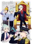  2boys beldum black_headwear black_pants commentary_request epaulettes gen_1_pokemon gen_3_pokemon gold_trim grey_hair hat helmet highres holding jacket konyaku02260808 looking_at_viewer multiple_boys necktie on_head pants pidgey pokemon pokemon_(creature) pokemon_(game) pokemon_on_arm pokemon_on_head pokemon_oras purple_vest red_neckwear shirt shoes sitting steven_stone throne translation_request vest white_shirt 