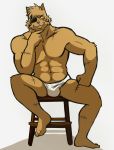  anthro bodily_fluids bulge clothing dard drakuun eye_patch eyewear felid feline furniture male mammal red_eyes scar simple_background sitting solo stool sweat teeth_showing thegreatmatsutzu underwear white_background white_clothing white_underwear yellow_sclera 