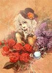  bad_id bad_pixiv_id brown_eyes cis_(carcharias) finger_to_mouth flower hat hat_flower komeiji_koishi rose silver_hair smile solo touhou 