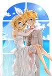  1girl absurdres aqua_eyes bad_id bad_pixiv_id bare_shoulders blonde_hair blush bracelet bridal_veil bride brother_and_sister carrying cloud couple day dress earrings elbow_gloves flat_chest gloves hair_ornament hair_ribbon hairclip hetero highres incest jewelry kagamine_len kagamine_rin necktie okitsune_(okitsune-sama) open_mouth ponytail princess_carry ribbon short_hair siblings skirt sky smile twincest twins veil vocaloid wedding wedding_dress window 