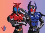  belt blue_helmet bodysuit buckle hand_on_hip horns kamen_rider kamen_rider_gatack kamen_rider_kabuto kamen_rider_kabuto_(series) multiple_boys red_eyes solaris upper_body 