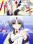  angel_beats! blade blazer engo_(aquawatery) fullmetal_alchemist hand_sonic honeycomb_(pattern) honeycomb_background jacket long_hair parody school_uniform silver_hair solo tenshi_(angel_beats!) weapon yellow_eyes 