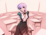  ayanami_rei blue_hair highres kobayashi_yuuji neon_genesis_evangelion open_clothes open_shirt school_uniform shirt solo 