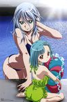  adjusting_hair age_difference aqua_eyes aqua_hair arm_support armpits ass back bangs barefoot bikini blue_bikini blush breasts casual_one-piece_swimsuit child cleavage closed_mouth comp_h's expressionless frilled_swimsuit frills from_side green_swimsuit hair_between_eyes hair_ornament hairclip halterneck hand_on_own_head highres large_breasts leaning leaning_forward lens_flare light_smile looking_back mole mole_under_mouth morinas multiple_girls navel nishioka_shinobu o-ring o-ring_bikini o-ring_bottom o-ring_top official_art one-piece_swimsuit photo_background pillow pillow_hug red_eyes rimone scan silver_hair simoun sitting smile soles standing string_bikini swimsuit wading wariza water wet 