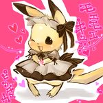  bad_id bad_pixiv_id bow clothed_pokemon dress enmaided gen_1_pokemon hair_bow hair_ribbon hairy_pikachu heart heart_hands maid moe_moe_kyun! no_humans one_eye_closed pikachu pokemon pokemon_(creature) ribbon solo translated yama_(rabbit_room) 