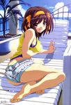  absurdres ass bad_feet barefoot breast_hold breasts brown_hair chair feet hair_ribbon highres lounge_chair magazine_scan medium_breasts megami nishiya_futoshi official_art ribbon scan short_hair short_shorts shorts sideboob soles solo suzumiya_haruhi suzumiya_haruhi_no_yuuutsu toes 