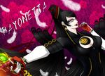  1girl bayonetta bayonetta_(character) black_hair bodysuit breasts candy cleavage cleavage_cutout earrings feathers female flower glasses green_eyes gun hair_bun jewelry lollipop long_hair peach-usa red_ribbon ribbon rose solo very_long_hair weapon 