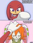 anthro basset_hound black_nose blush canid canine canis caressing_head clothing domestic_dog duo echidna female floppy_ears freedom_planet fullmetalchaz fur galaxytrail gloves hair handwear headpat hunting_dog knuckles_the_echidna male mammal milla_basset monotreme orange_hair purple_eyes red_body red_fur scent_hound sega sonic_the_hedgehog_(series) spiked_gloves spikes text white_body white_clothing white_fur white_gloves white_handwear