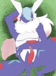 absurd_res animal_genitalia anthro anus blue_anus blue_hair erection fan_character fur fur_scarf gem generation_6_pokemon genital_slit genital_slit_penis genitals grass greninja hair hi_res lying male markings mastectomy_scar nintendo on_back on_grass on_ground penis plant pokemon pokemon_(species) purple_body purple_fur red_eyes red_gemstone red_penis rye(samlssms) samlssms scar short_tail solo spread_legs spreading tail tapering_penis trans_(lore) trans_man_(lore) white_markings